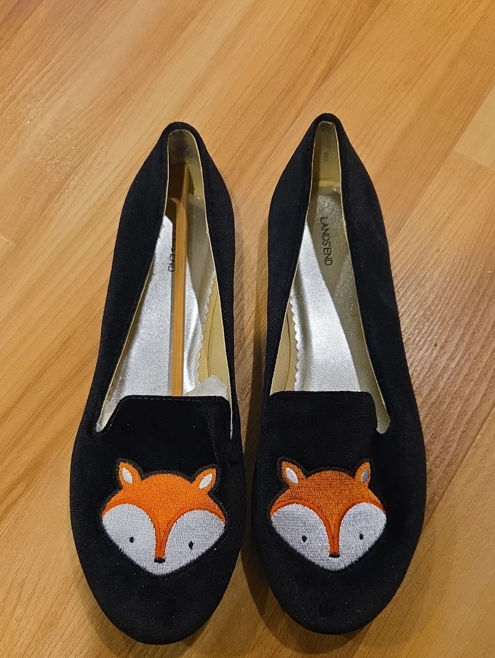 Lands' End Black Flats with Orange & White Fox Appliqué